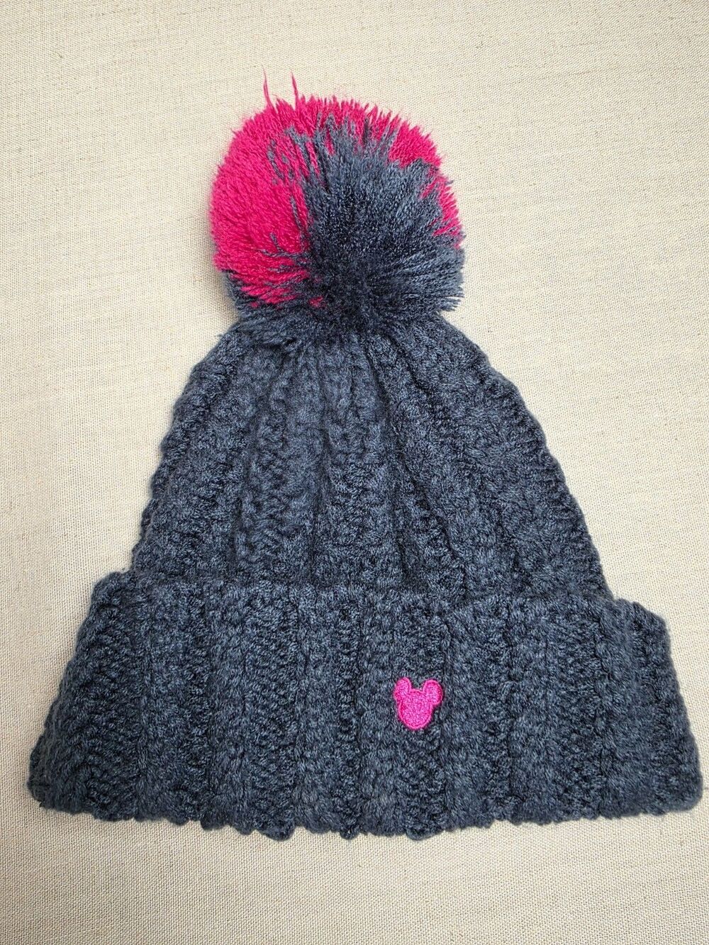 Disney Parks Mickey Mouse Beanie Navy Pink Pom Pom Cable Knit Hat Adult One Size